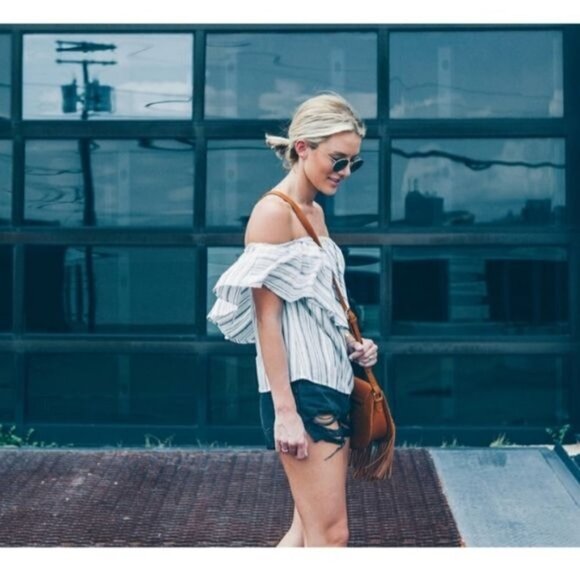 WAYF Blue White Pullover Striped Off the Shoulder Blouse Top Size XS Made in USA - Picture 8 of 16